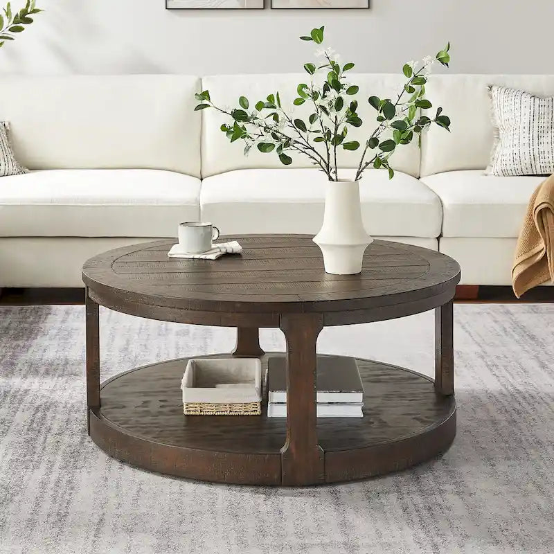 Table basse centrale ronde traditionnelle incurvée à 2 niveaux de 40 pouces, design vintage du milieu du siècle