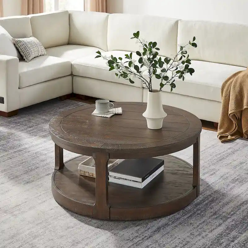 Table basse centrale ronde traditionnelle incurvée à 2 niveaux de 40 pouces, design vintage du milieu du siècle