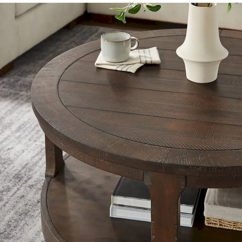 Table basse centrale ronde traditionnelle incurvée à 2 niveaux de 40 pouces, design vintage du milieu du siècle