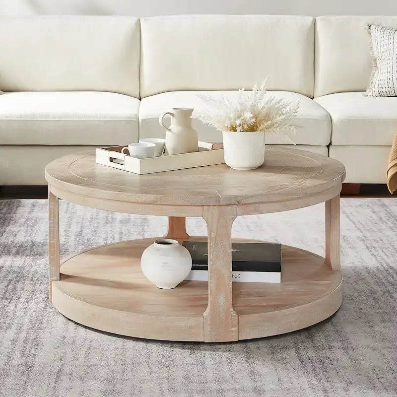 Table basse centrale ronde traditionnelle incurvée à 2 niveaux de 40 pouces, design vintage du milieu du siècle
