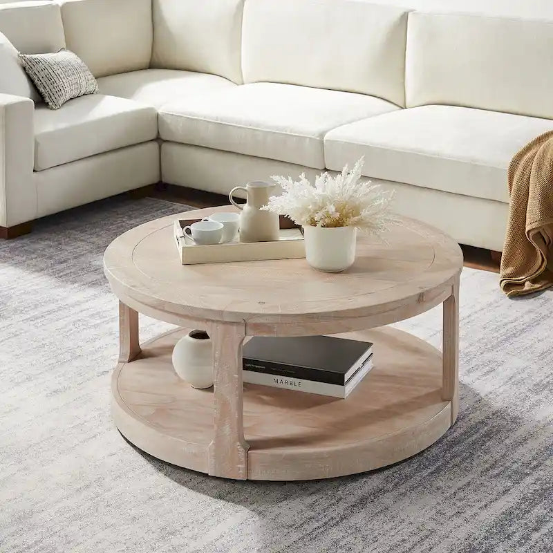 Table basse centrale ronde traditionnelle incurvée à 2 niveaux de 40 pouces, design vintage du milieu du siècle