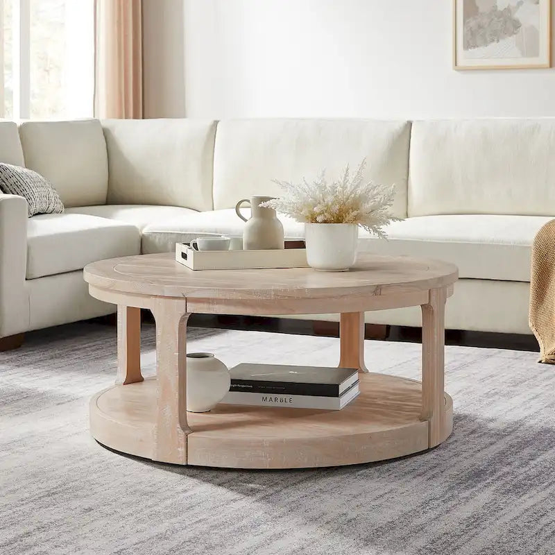 Table basse centrale ronde traditionnelle incurvée à 2 niveaux de 40 pouces, design vintage du milieu du siècle