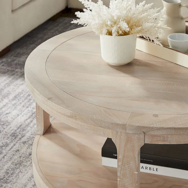Table basse centrale ronde traditionnelle incurvée à 2 niveaux de 40 pouces, design vintage du milieu du siècle