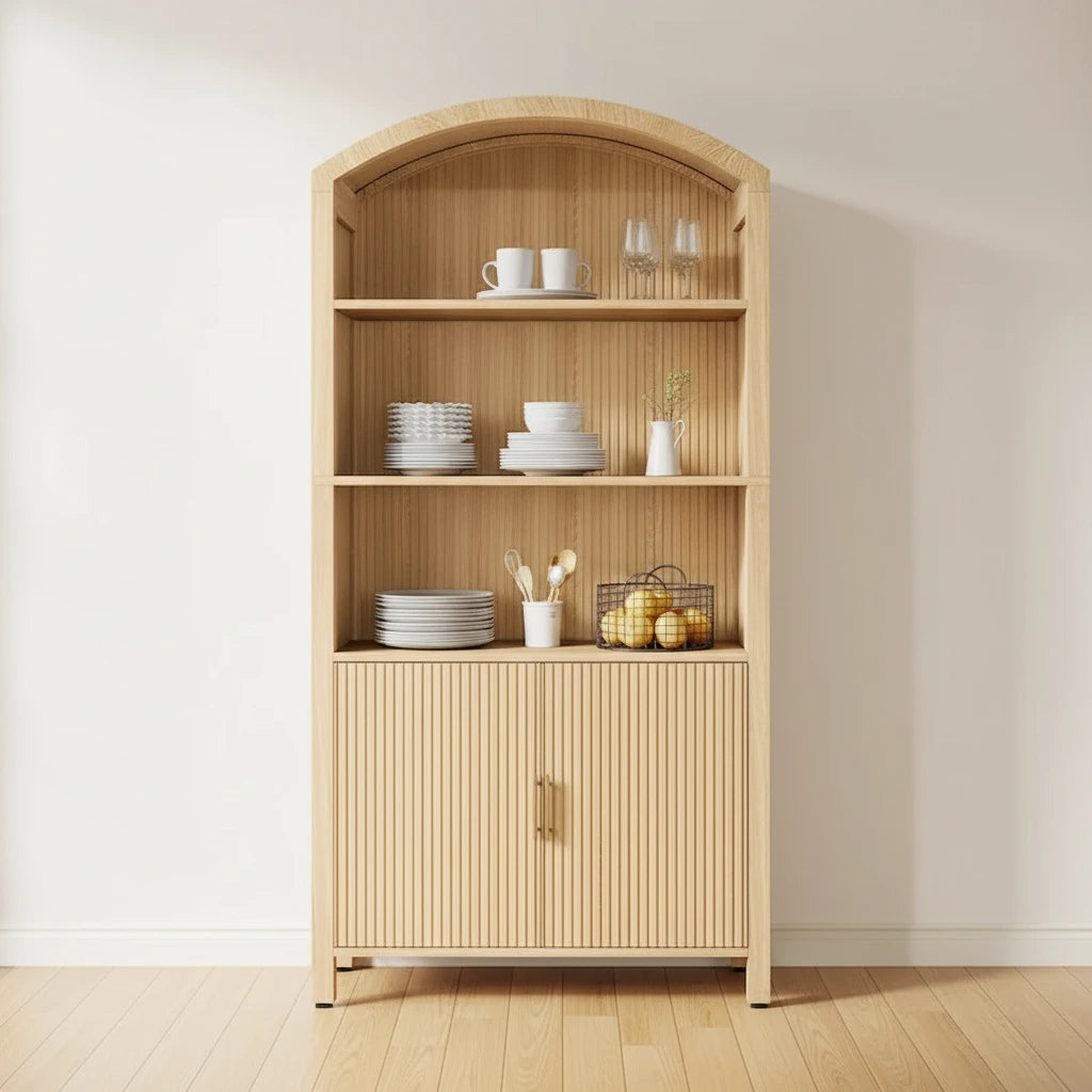 71 Tall Arched Kitchen Pantry Cabinet with Doors - Natural Wood