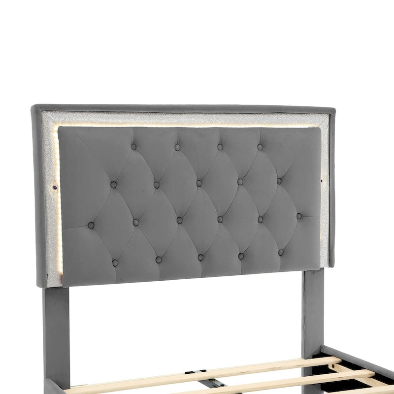 Lit gris avec éclairage LED et tête de lit capitonnée