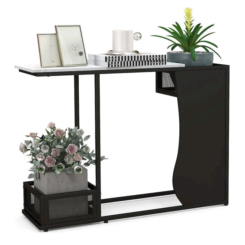 Table console 43.5 po avec plateau effet marbre et 2 espaces de rangement - Voir détails