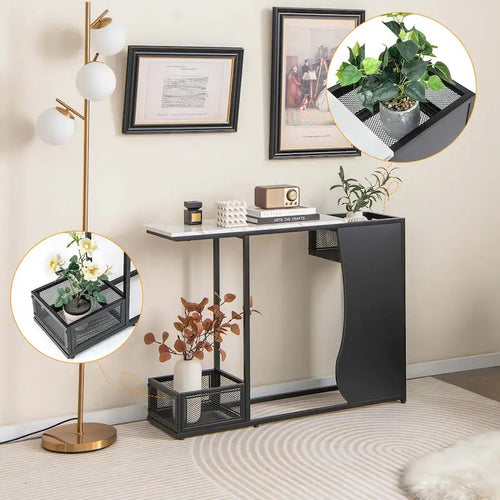 Table console 43.5 po avec plateau effet marbre et 2 espaces de rangement - Voir détails