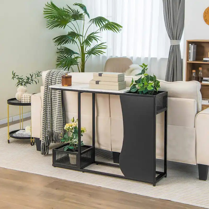Table console 43.5 po avec plateau effet marbre et 2 espaces de rangement - Voir détails