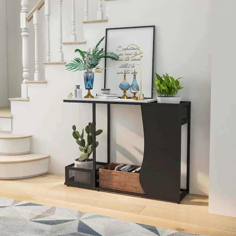 Table console 43.5 po avec plateau effet marbre et 2 espaces de rangement - Voir détails