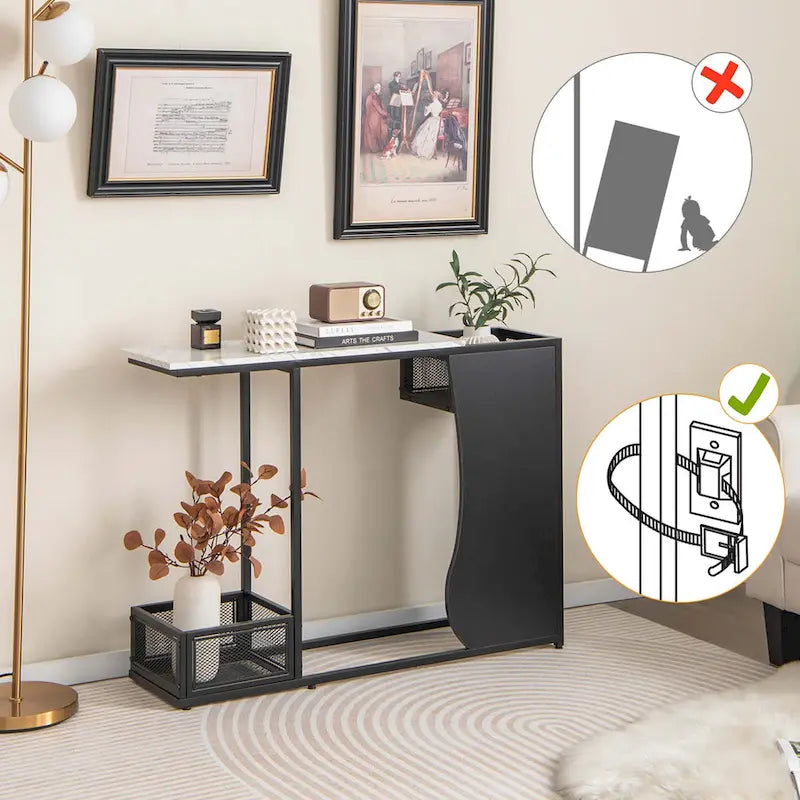 Table console 43.5 po avec plateau effet marbre et 2 espaces de rangement - Voir détails