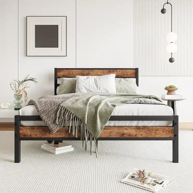 Lit en métal noir et bois rustique, taille standard
