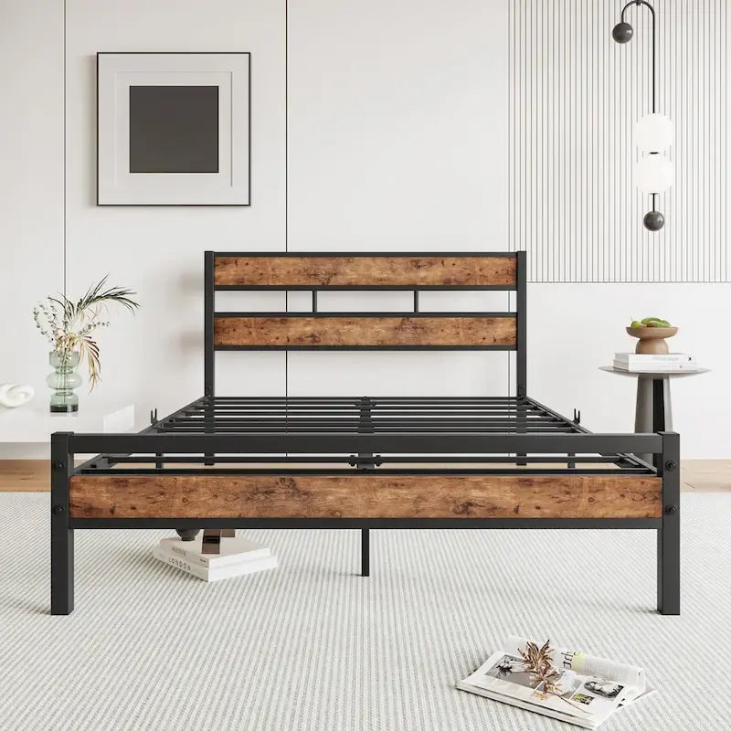 Lit en métal noir et bois rustique, taille standard