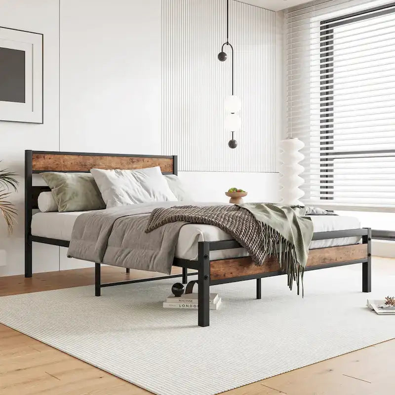 Lit en métal noir et bois rustique, taille standard