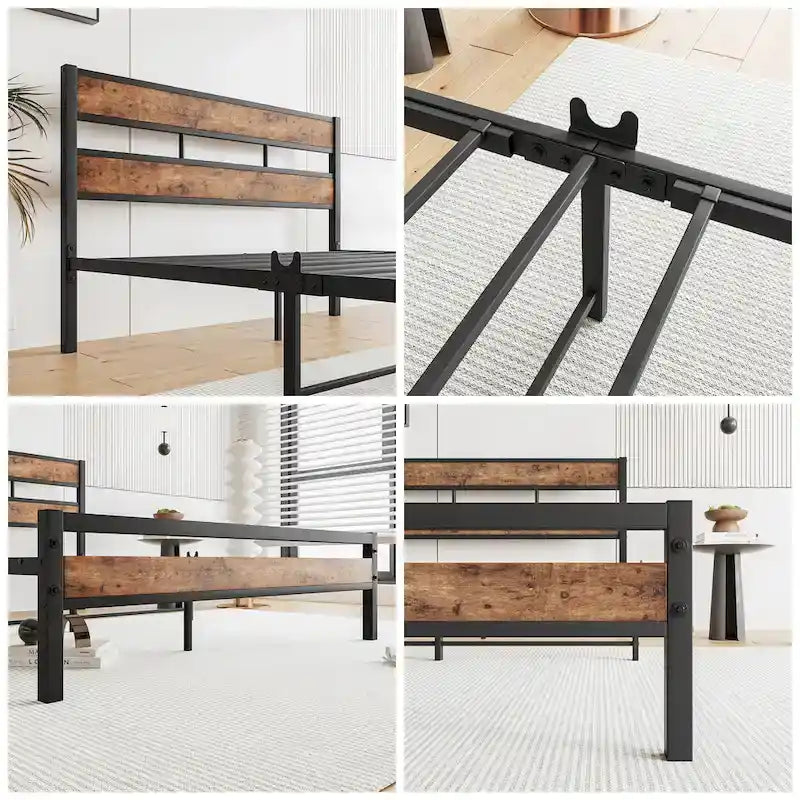 Lit en métal noir et bois rustique, taille standard