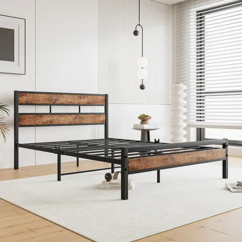 Lit en métal noir et bois rustique, taille standard
