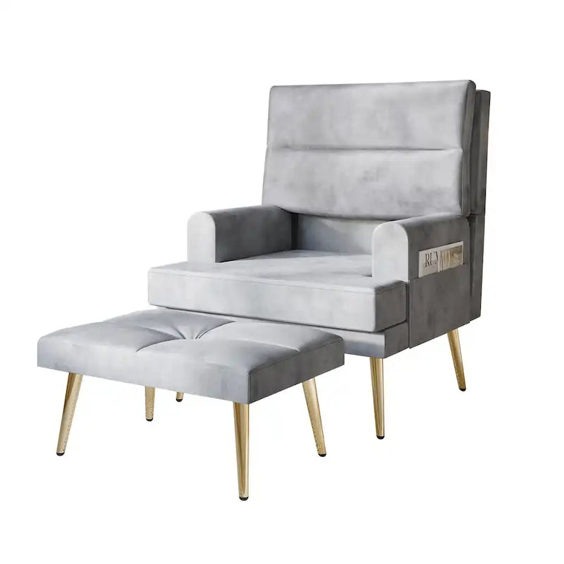 Fauteuil d'appoint avec ottoman et pieds dorés