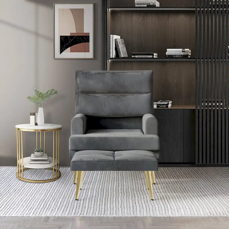 Fauteuil d'appoint avec ottoman et pieds dorés