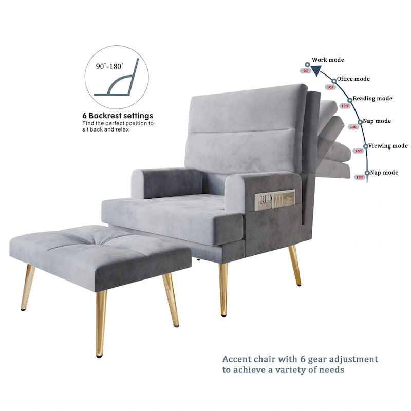Fauteuil d'appoint avec ottoman et pieds dorés