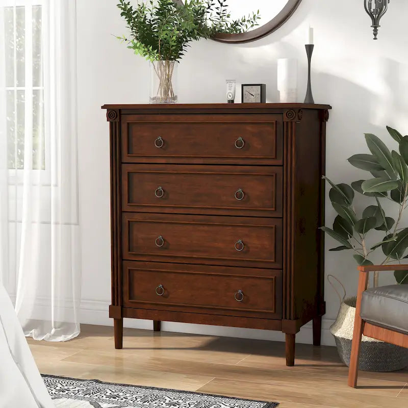 Commode traditionnelle en hévéa massif à 4 tiroirs et colonnes cannelées pour chambre à coucher