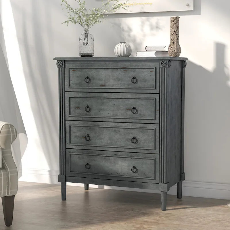 Commode traditionnelle en hévéa massif à 4 tiroirs et colonnes cannelées pour chambre à coucher