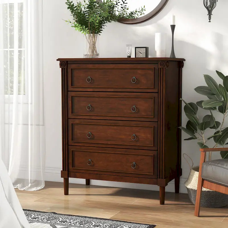 Commode traditionnelle en hévéa massif à 4 tiroirs et colonnes cannelées pour chambre à coucher