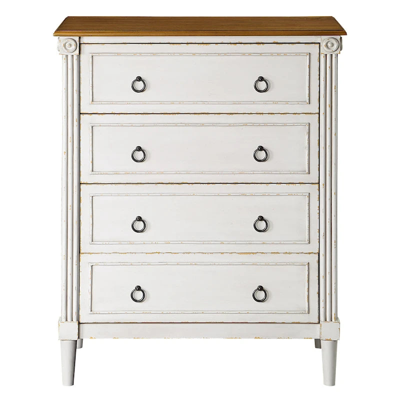 Commode traditionnelle en hévéa massif à 4 tiroirs et colonnes cannelées pour chambre à coucher