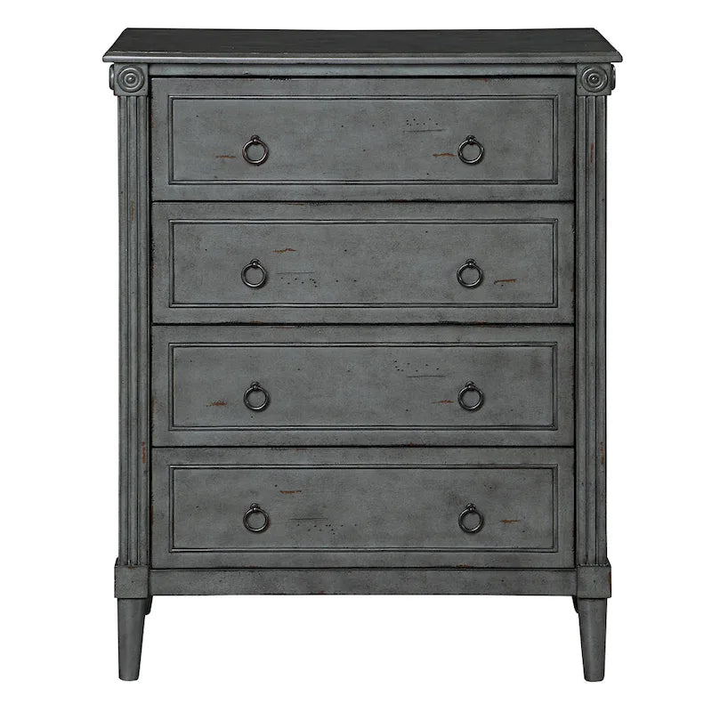 Commode traditionnelle en hévéa massif à 4 tiroirs et colonnes cannelées pour chambre à coucher