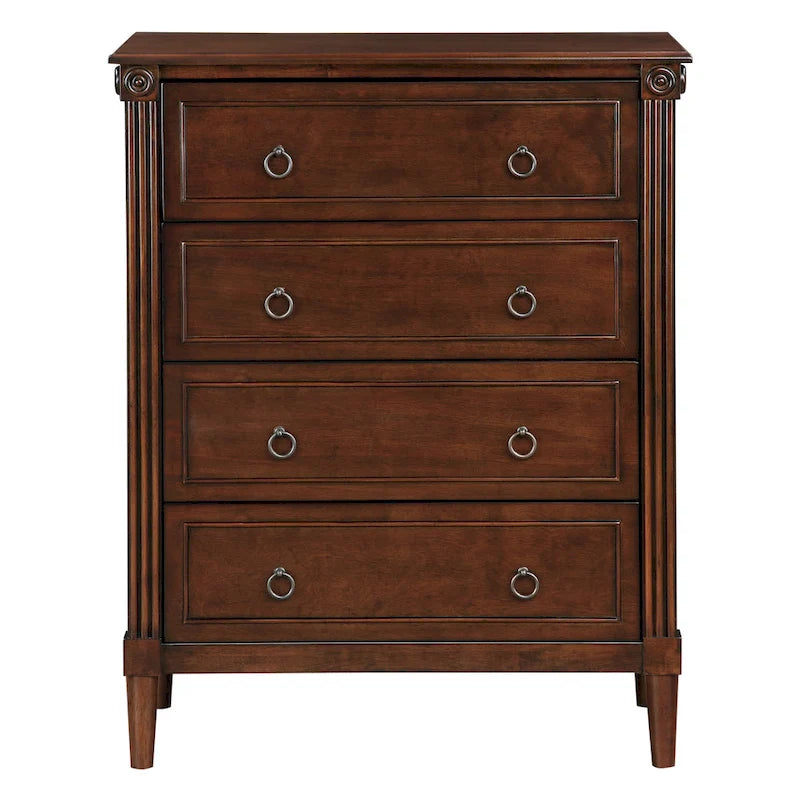 Commode traditionnelle en hévéa massif à 4 tiroirs et colonnes cannelées pour chambre à coucher