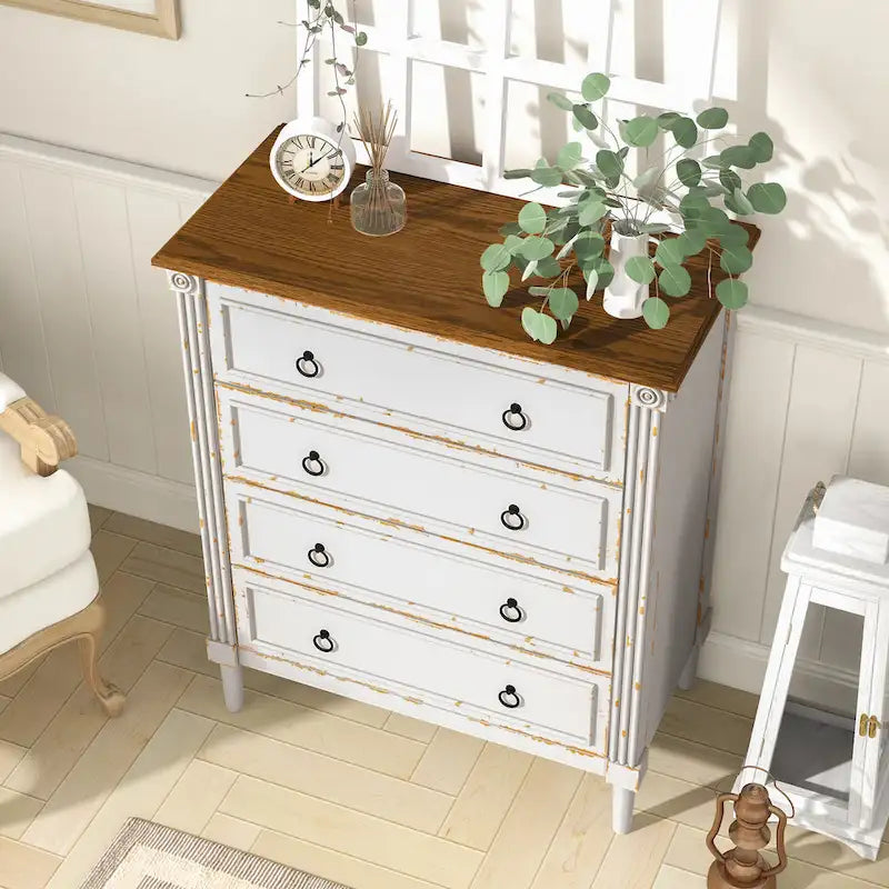Commode traditionnelle en hévéa massif à 4 tiroirs et colonnes cannelées pour chambre à coucher