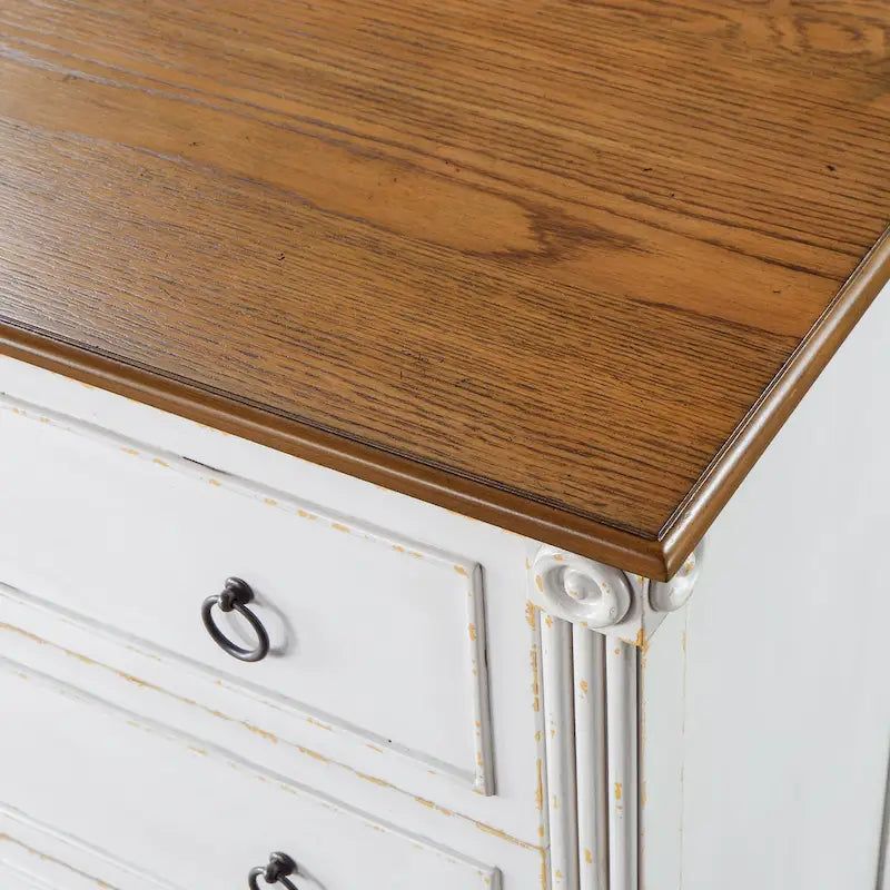 Commode traditionnelle en hévéa massif à 4 tiroirs et colonnes cannelées pour chambre à coucher