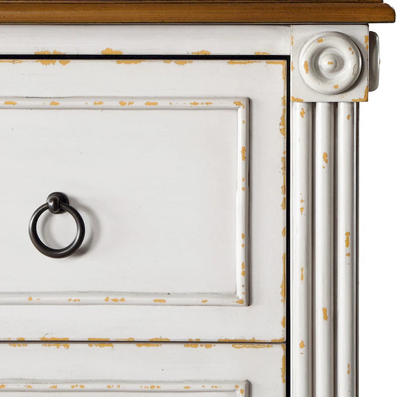 Commode traditionnelle en hévéa massif à 4 tiroirs et colonnes cannelées pour chambre à coucher