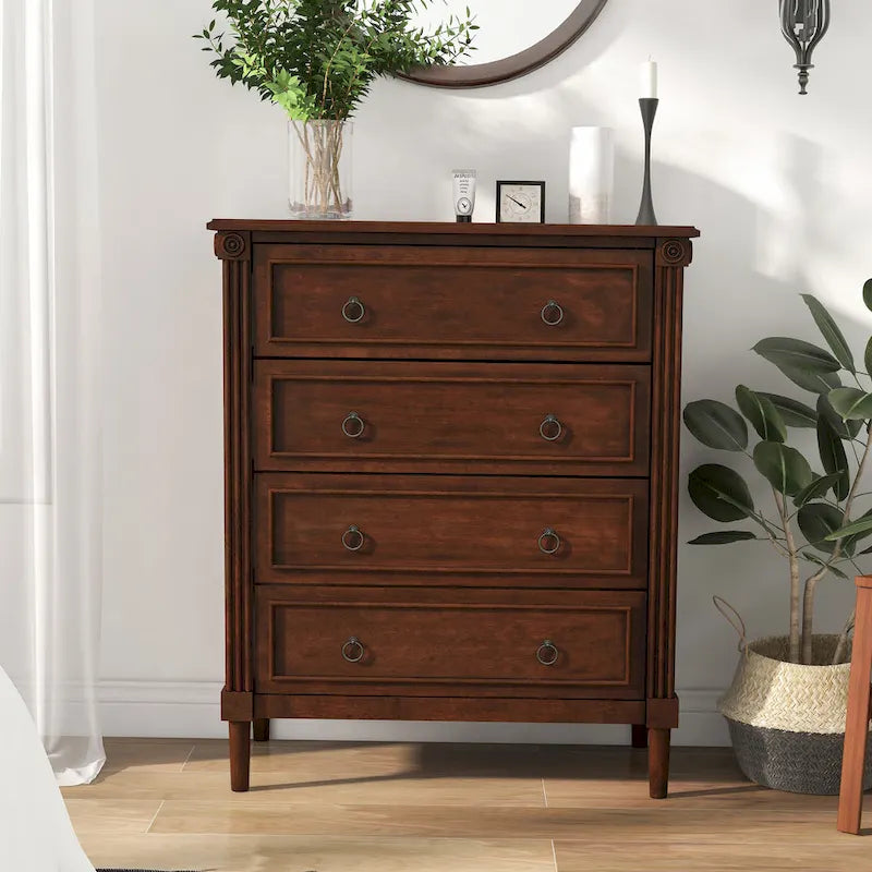 Commode traditionnelle en hévéa massif à 4 tiroirs et colonnes cannelées pour chambre à coucher