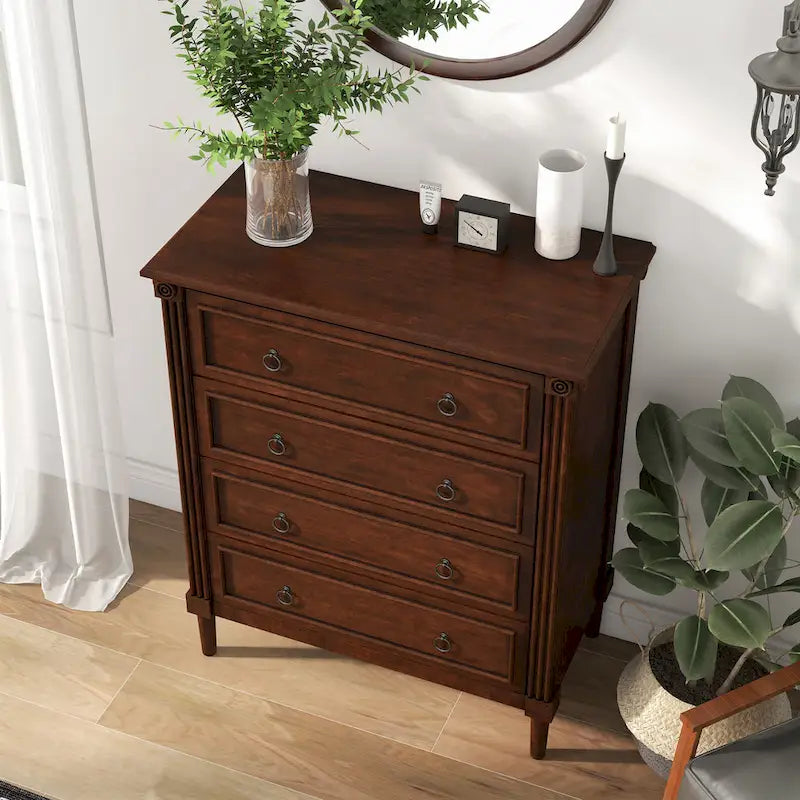 Commode traditionnelle en hévéa massif à 4 tiroirs et colonnes cannelées pour chambre à coucher