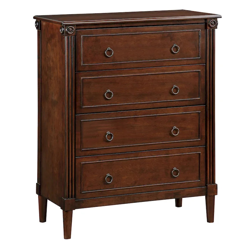 Commode traditionnelle en hévéa massif à 4 tiroirs et colonnes cannelées pour chambre à coucher