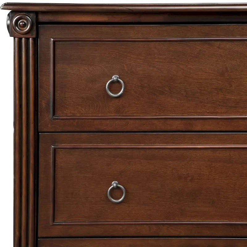 Commode traditionnelle en hévéa massif à 4 tiroirs et colonnes cannelées pour chambre à coucher