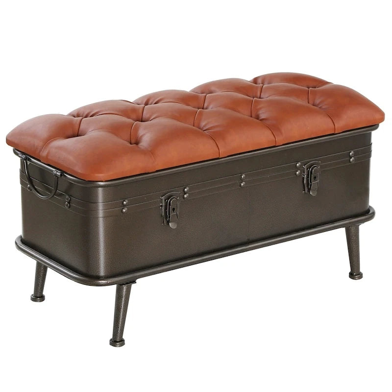 Banc de rangement haut de 43 cm en similicuir touffeté tanné et métal vieilli
