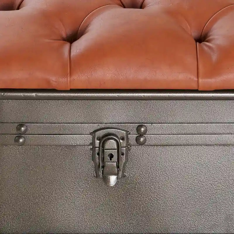 Banc de rangement haut de 43 cm en similicuir touffeté tanné et métal vieilli