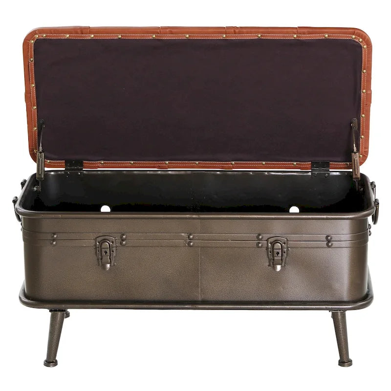 Banc de rangement haut de 43 cm en similicuir touffeté tanné et métal vieilli