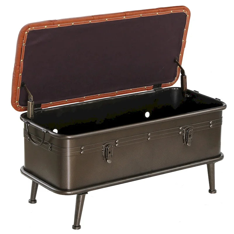 Banc de rangement haut de 43 cm en similicuir touffeté tanné et métal vieilli