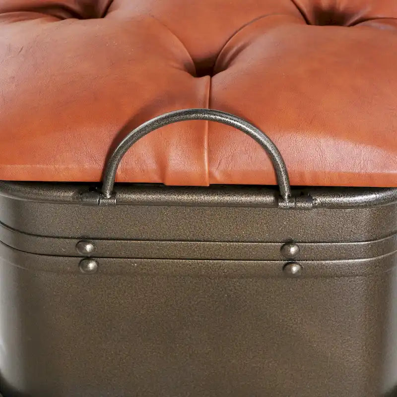 Banc de rangement haut de 43 cm en similicuir touffeté tanné et métal vieilli