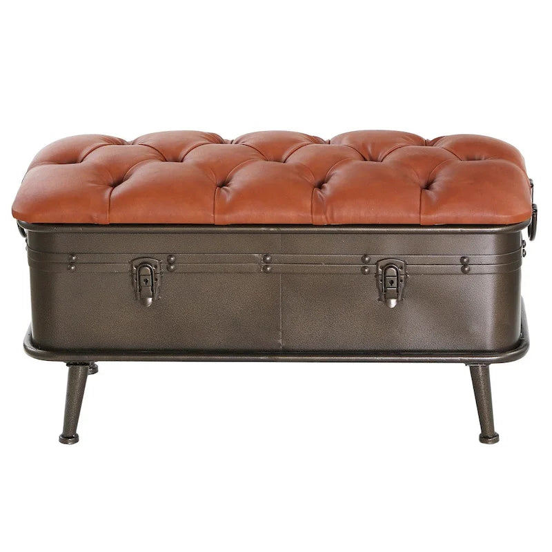 Banc de rangement haut de 43 cm en similicuir touffeté tanné et métal vieilli