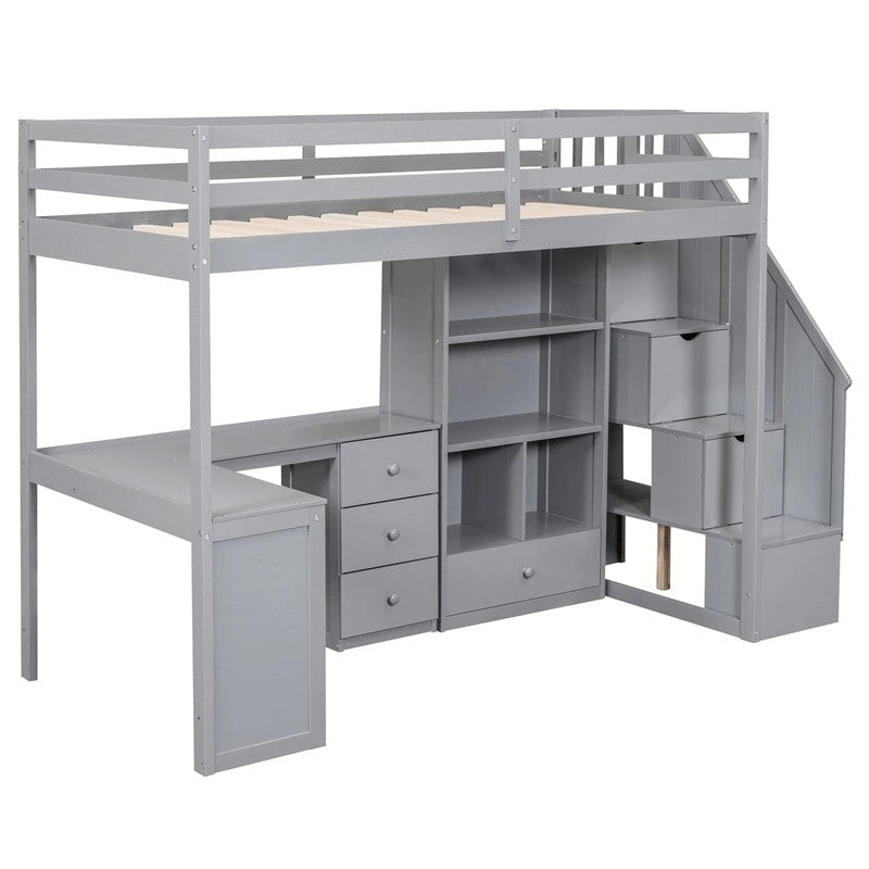 Lit mezzanine grande taille avec bureau en L et tiroirs, armoire et escalier de rangement
