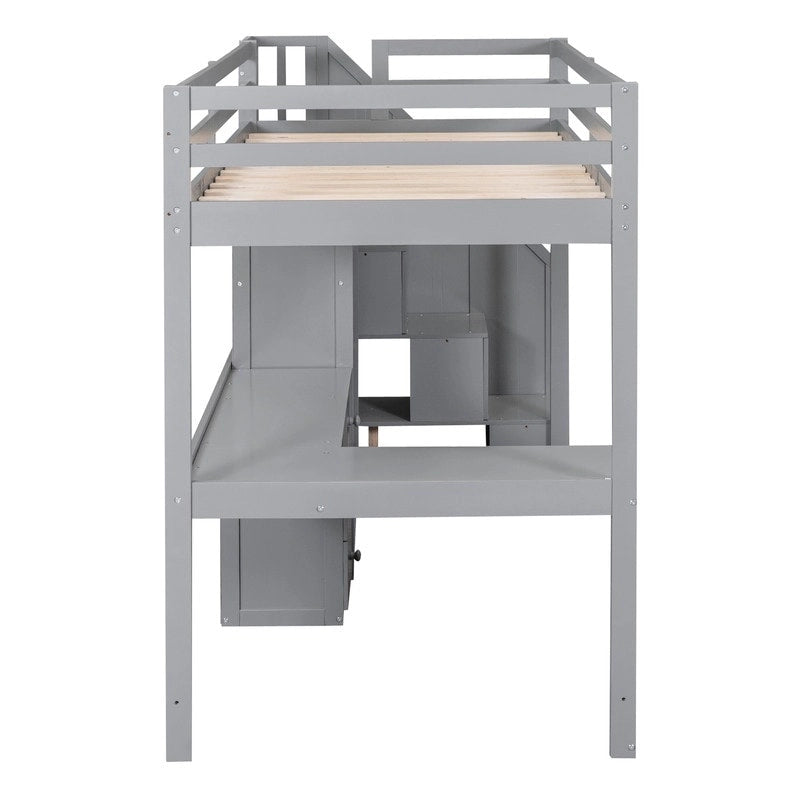 Lit mezzanine grande taille avec bureau en L et tiroirs, armoire et escalier de rangement