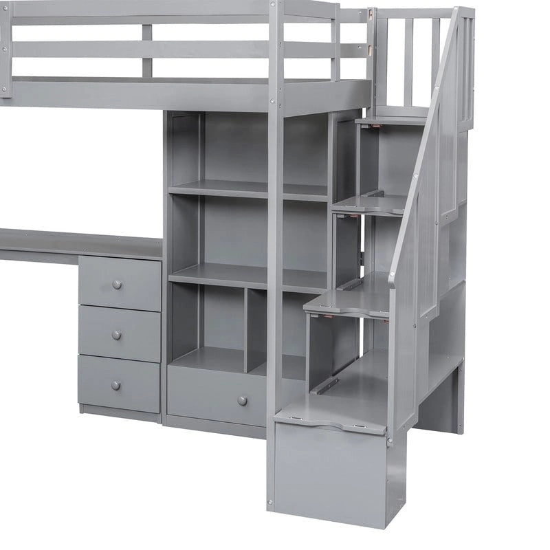Lit mezzanine grande taille avec bureau en L et tiroirs, armoire et escalier de rangement