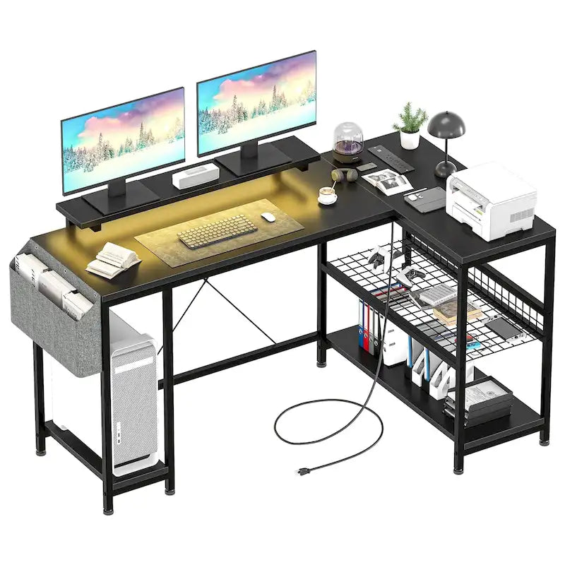 Bureau d'angle en forme de L avec prises électriques et lumière LED