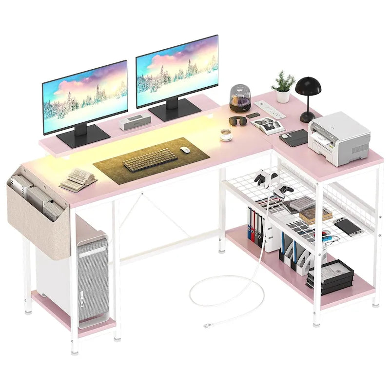 Bureau d'angle en forme de L avec prises électriques et lumière LED