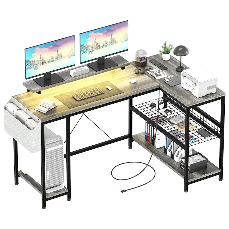 Bureau d'angle en forme de L avec prises électriques et lumière LED
