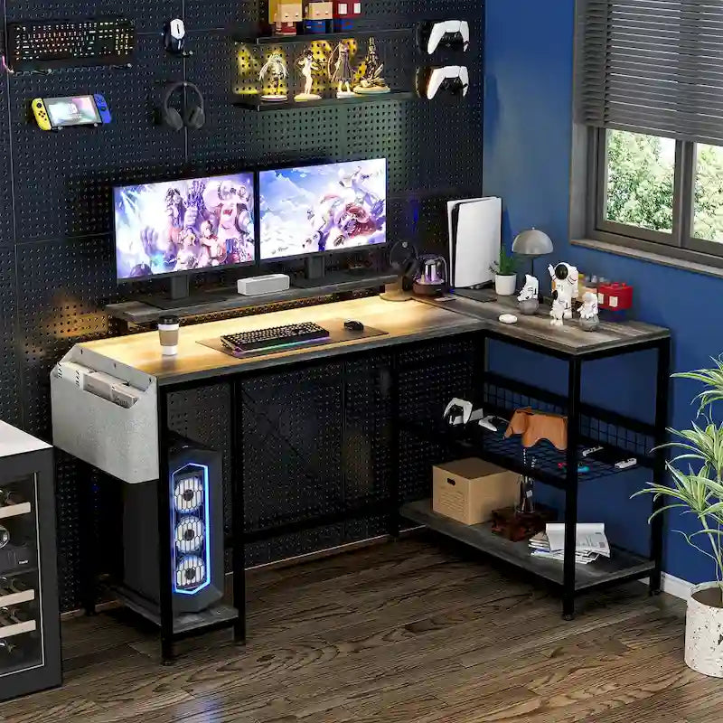 Bureau d'angle en forme de L avec prises électriques et lumière LED