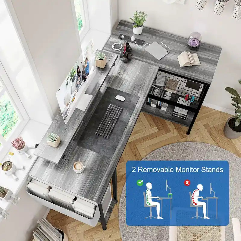 Bureau d'angle en forme de L avec prises électriques et lumière LED