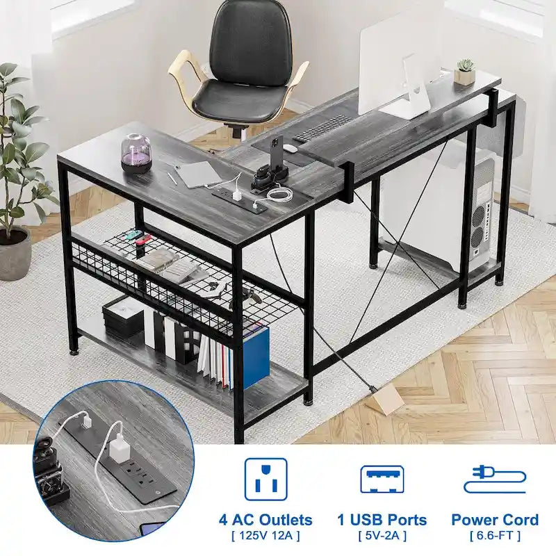 Bureau d'angle en forme de L avec prises électriques et lumière LED